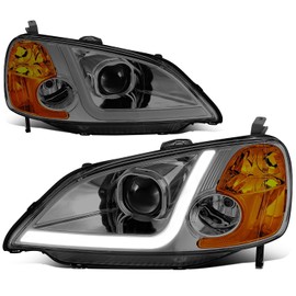 3D LED Headlight Assembly Halogen Headlamp Compatible with Honda Civic Sedan Coupe 2001-2003, Driver and Passenger Side, Chrome Housing Smoked Lens