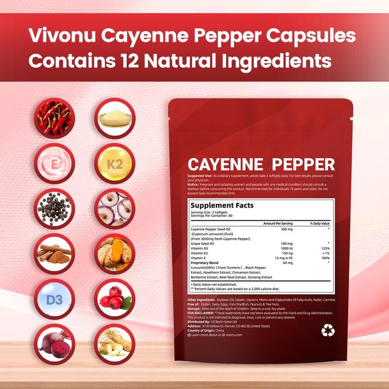 Cayenne Pepper Softgels Supplement, Supports Leg Vein, Heart and Blood