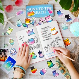 50 Pcs Cute Stickers for Kids,Cute Stickers Kawaii Cat Decor Cat Party Favors for Teens Girls Vinyl Waterproof Stickers for Water Bottle Laptop Scrapbook, Starry Sky Cat Themed Stickers Pack