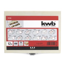 kwb 757290 Router Set, 12 Pieces, (V-Groove Cutter, Groove Cutter and Much More) Carbide-Filled, Ball Bearing, Incl. Hexagonal Key and Wooden Case