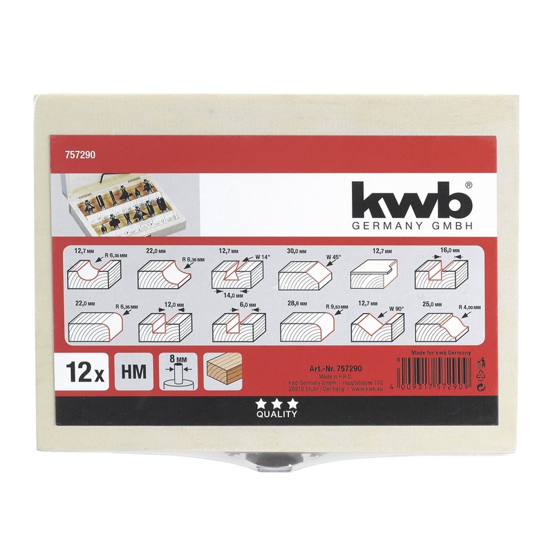 kwb 757290 Router Set, 12 Pieces, (V-Groove Cutter, Groove Cutter