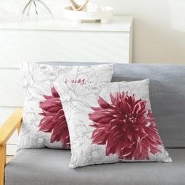 CaliTime Throw Pillow Cases Pack of 2 Cozy Fleece Colorful Dahlia Flower Simple Strokes Flora Background Decorative Cushion Covers for Couch Bed Sofa Farmhouse Decoration 40cm X 40cm Burgundy Grey