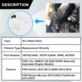 SecosAutoparts 3.5L Air Intake Hose, Fit for Nissan Pathfinder 2013-2016, Murano 2015-2023, Fit for Infiniti QX60 2014-2016, JX35 2013, Replace# 16576-3ja0a 165763JA0A 004B A27624