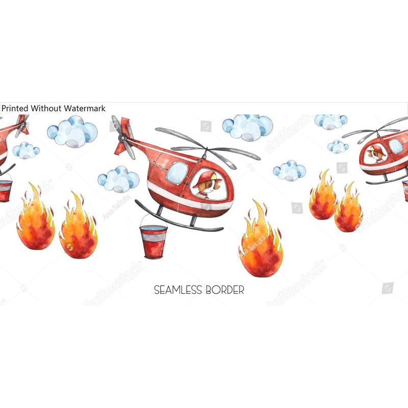 Poster Reproduction of Watercolor cartoon cute seamless border Firefighting and