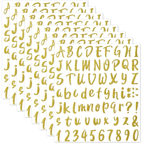 576 Pieces 8 Sheets Letters Stickers Self Adhesive Vinyl Letter Alphabet Number Stickers Mailbox Numbers Sticker, Decals for Classroom Decor, Sign, Door, Business (Glitter Gold, 1 Inch)