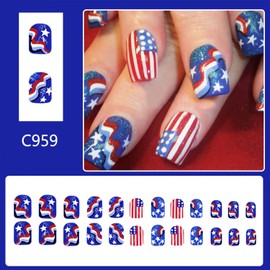 Tyuimhx 4th of July Press on Nails Short Square Fake Nail USA Independence Day False Nails with American Flag Star Stripe Designs Acrylic Patriotic Artificial Glue on Nails for Women 24 Pcs