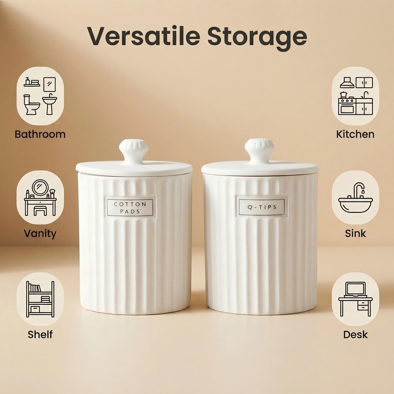Ronasip White Ceramic Bathroom Organizer and Storage Jars with Lid,