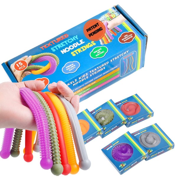 KELZ KIDZ® TEXTURODOS® - Durable Textured (Patented) Stretchy String Fidget and Sensory Toy for Kids - Individually Packaged Monkey Noodles (15 Pack)