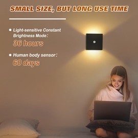 Heromind 2 Pack Motion Sensor Wall Light, 3 Modes Wireless LED Indoor Up/Down Wall Sconce, Rechargeable Battery Powered Brightness Adjustable Wall Lamps, Black