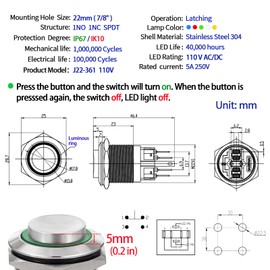 UL Certified 2PCS 22mm Push Button Switch Latching High Round Waterproof IP67 On Off Stainless Steel 304 with 110V/120V LED for 7/8" with Wire (Latching,120V, Red)