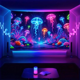 BlissYard Blacklight Jellyfish Tapestry UV Reactive Neon Jellyfish Wall Hanging Tapestry Glow in The Dark Fantasy Ocean Underwater Tapestry for Bedroom Party Backdrop Living Room 59 X 78 inch