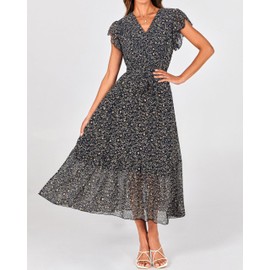 BTFBM Women Summer Bohemian Floral Casual Wrap V Neck Ruffle Cap Sleeveless Belt A-Line Pleated Hem Swing Midi Sun Dress (Floral Black, Large)