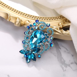 BriLove Elegant Crystal Teardrop Marquise Bouquet Brooch Pin for Women Blue Topaz Silver-Tone
