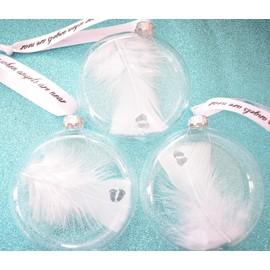 Baby Feet Feather Bauble and White Display Stand. Angel Loss. Glass Round Hanging Decoration. Christmas Tree Decoration Memorial