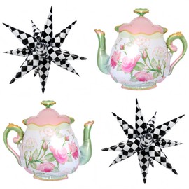 4Pcs Teapot Checkered Star Foil Balloons/Onederland 1st Birthday Party Decor for Girls, Mad Tea Party Wonderland/Tea Party Decor, Alice Wonderland, Let's Par-Tea Girls Birthday, Spring Garden Party