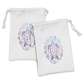 Ambesonne Turtle Fabric Pouch Set of 2, Colorful Marine Fauna with Ombre Effect Hand Drawn Seashells and Turtle, Small Drawstring Bag for Toiletries Masks and Favors, 9" x 6", Aqua Pink and Violet