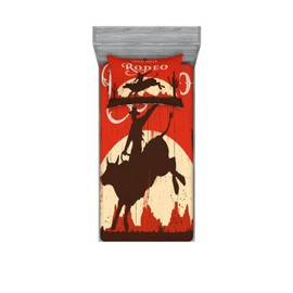 Ambesonne Vintage Fitted Sheet & Pillow Sham Set, Rodeo Cowboy Riding Bull Wooden Old Sign Western Style Wilderness at Sunset Image, Decorative Printed 2 Piece Bedding Decor Set, Twinxl, Redwood
