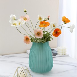 Modern Ribbed Glass Vase 8in Frosted Green Elegant Decorative Vases for Home Flowers Bouquet Arrangements, Centerpieces, Dinner Table,Office Decor