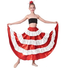 Full Dancing Circle Gypsy Tea Long Ankle Length Belly Dance Spanish Flamenco Mexican Ruffle Skirts for Girls 8-12 Years (White red)