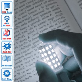 Ziomitus E12 Led Candelabra Chandelier Bulbs 6W 6000k Daylight White, Kx-2000 60W E12 C7 Halogen Replacement,T6 Small Base 120V E12 LED Light Bulbs Cool White for Ceiling Fan Salt Lamp,550 lm(5Pack)