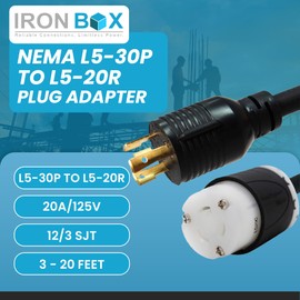 IronBox Electric NEMA L5-30P to L5-20R Plug Adapter Power Cord - 20A,125V, 12/3 SJT - UL Listed Power Cable - Heavy Duty Extension Cord for Generator, Data Centers, Outdoor & More (20ft, Custom Built)