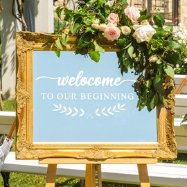 Dunzoom 2 Pieces Welcome to Our Wedding Sign Decal 20 x 11 Vinyl Wedding Mirror Sign Decal Customized Welcome to Our Beginning Decal Vinyl Married Sticker for Wedding Ceremony Wall Reception Decor