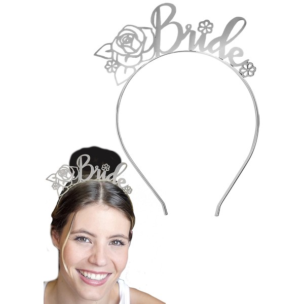 RhinestoneSash Bride Gifts for Bachelorette Party - Floral Bride Silver Headband - Bridal Shower Flower Crown - HdBd(FloralBrd) SLV