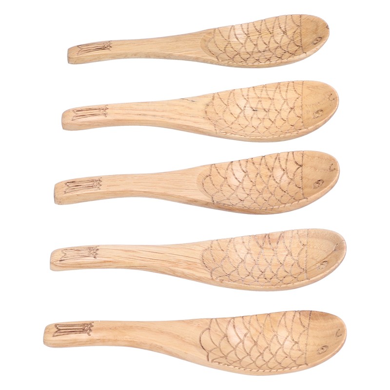5Pcs Soup Spoon Fish Shaped Carved Wooden Rice Spoon Kitchen
