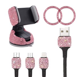 MACHSWON Shiny Engine Button Deco 3 In 1 Charging Cable - Pink Bling Phone Car Holder with Air Vent Clip, Rhinestone Car Accessories For Women