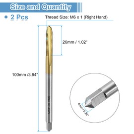 sourcing map 2pcs Straight Flute Thread Tap, M6 x 1 100mm Extra Long Metric Titanium Coated Screw Threading Tapping Tool Thread Milling Machine Taps, High-Speed Steel 6542 (HSS 6542)