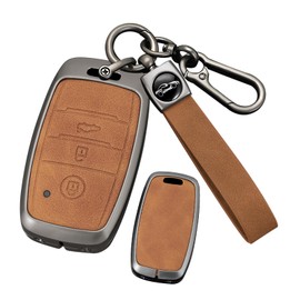 ontto Car Key Fob Cover Case fit for Kia Sorento Sportage Rio Ceed Picanto Stinger Carens Optima Soul K2 KX3 I20 Smart Key holder Metal Leather Shell keyring keychain bag accessories 3 buttons Brown A