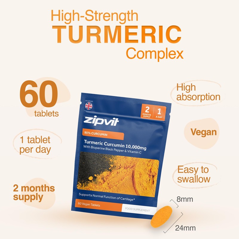 Zipvit Turmeric Tablets 10,000mg Providing 95% Active Curcumin with Bioperine