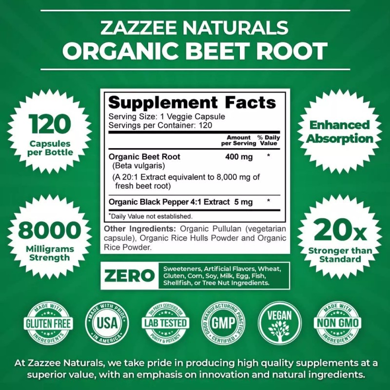 Zazzee High-Strength Organic Beet Root Capsules with Enhanced Absorption for