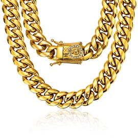 ROWIN&CO Miami Cuban Link Chain Mens 18K Gold Stainless Steel Curb Chain Necklace/Bracelet Hip hop Jewelry Cuban Choker Chain with Diamond Skull, 15mm, 8-35 Inch Length. (24 inch)