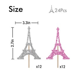 24PCS Eiffel Tower Cupcake Toppers, Wedding Party Decor, Bridal Shower Dessert Cupcake Toppers, Paris Themed Birthday Party Decoration - Pink & Sliver Glitter