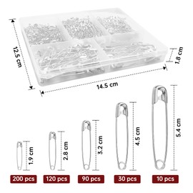 450pcs Balia Brooches 5 Different Sizes Metal Safety Pins Durable Nickel Plated Steel for Sewing Jewelry Home Office (19,28,32,45,54mm)