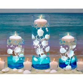 100 Floating White Seashells- White Coral Reef- Pearls- Aqua Sea Color Gels- Fills 1 Gallon for Your Vases- with Pre-Measured Prep Bag- and 3 White Submersible Fairy Lights Strings