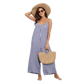 wexcen Overol casual con estampado floral para mujer, sin mangas, tirantes delgados, pantalones de pierna ancha con dos bolsillos, Azul marino (Plaid Navy), S