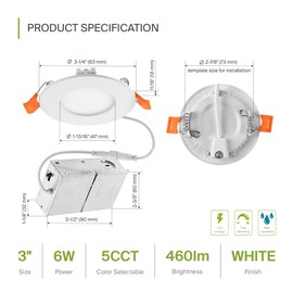 ASD 6 Pack 3 Inch LED Recessed Light, 6W 5 CCT 2700K-5000K CRI90+, IC Rated Ultra Thin Dimmable Ceiling Lights with J Box, Canless Wafer Downlight, Round Slim Panel Lighting, UL Energy Star, White