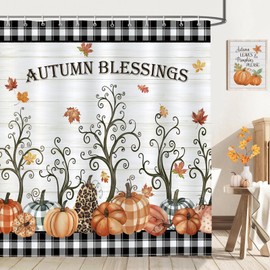 Bonhause Autumn Pumpkin Shower Curtain, Farmhouse Black White Buffalo Plaid Thanksgiving Bathroom Curtain 72x72 Inch Polyester Fabric Waterproof Bath Curtain with 12 Hooks