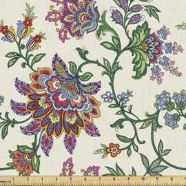 Ambesonne - Tela bohemia de The Yard, diseño retro de flores coloridas con flores exquisitas, estilo bohemio vintage, tela decorativa para tapicería y acentos del hogar, 3 yardas, color verde crema