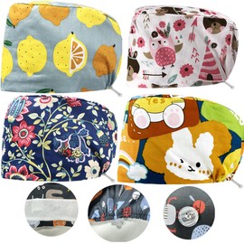 4 Pieces Bouffant Caps with Buttons Adjustable Scrub Hats Surgical Women Breathable Scrub Long Hair Tie Back Hats with 2 Buttons and Sweatband for Beauty Worker Personal Care Clean Cap Supplies (B)