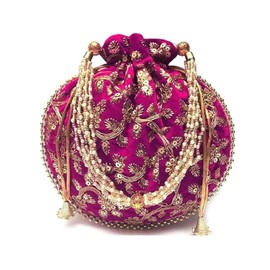 Women's Velvet Embroidered Potli Bag Purse Pouch Drawstring Bag Golden Work Wedding Gift for Women, Hot Pink, Medium