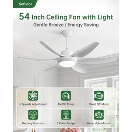 Sofucor 54 Inch Ceiling Fans with Lights-Outdoor White Ceiling Fan with Remote Control, Quiet DC Motor, 3 Blades Modern ABS Ceiling Fan with Light for Indoor Bedroom Living Room Kitchen Patios Porch