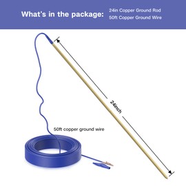 LIFENCE Copper Ground Rod,Portable Plug Grounding Rod Kit With 50ft Copper Wire & Alligator Clip for Electric Fences, Grounding Mats,Generator Antennas,Satellite Dishes (Copper Alloy Plug Ground Rod)