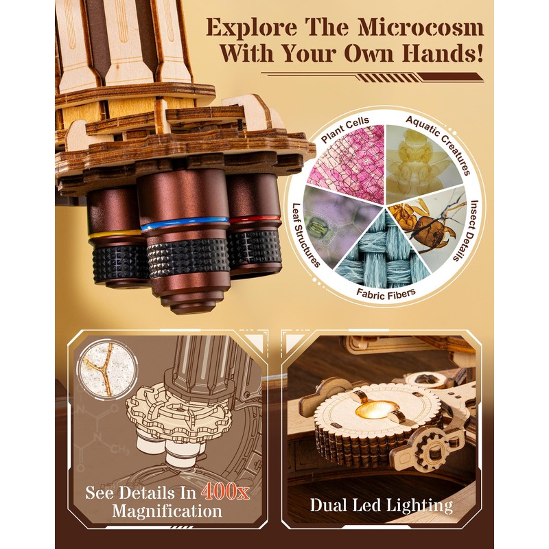 ROKR Wooden 3D Puzzle Building Kit, Real Optical Microscope with