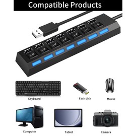 USB Hub 2.0 7 Port, 500 Mbps USB Port Verteiler mit Einzelnen LED-Netzchaltern, USB Verteiler Steckdose mit LED-Anzeige, Extension Hub für PC Laptop MacBook Tastatur Smartphone