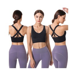 Heersan Women's Sports Bra, Push Up Sports Bra Without Underwire, Crossback, Seamless Strong Hold Sports Bra with Removable Padded for Fitness, Running, Jogging, Yoga, 3 Pieces- Black+Grey Blue+Light