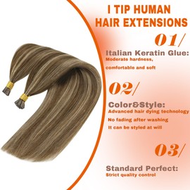 Sunny Hair I Tip Hair Extensions 50G Itips Human Hair Extensions for Women Real Human Hair Straight I Tip Hair Extensions Human Hair Medium Brown and Strawberry Blonde Highlights 22inch