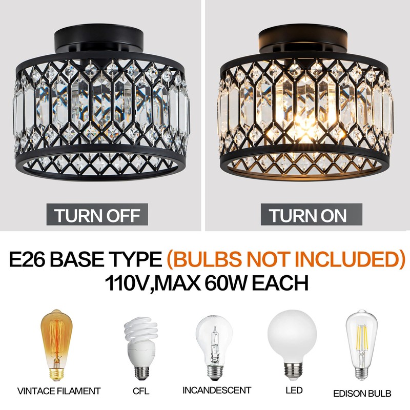 Zlepmlla Crystal Ceiling Light, Black Flush Mount Ceiling Light Fixture,